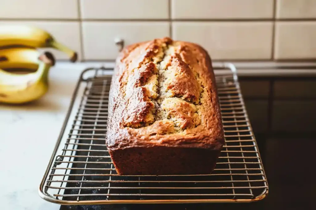  A golden-brown Banana Bread Recipe Without Butter loaf cooling on a rack with ripe bananas in the background.