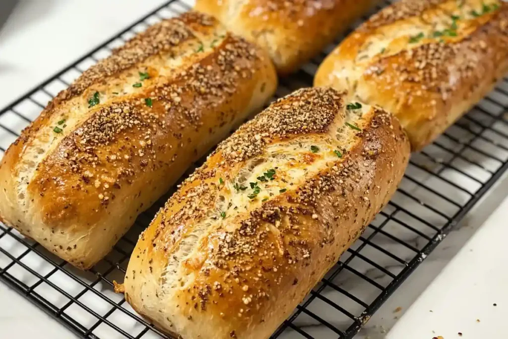 Freshly baked sourdough hoagie rolls with a golden crust, topped with seeds and herbs, cooling on a wire rack.
