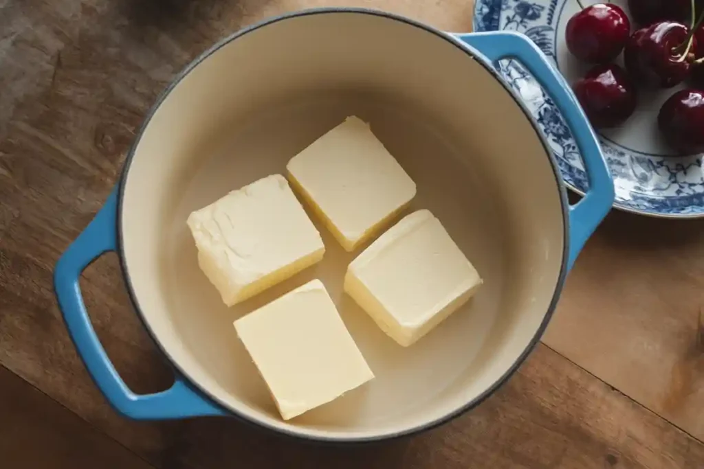 Four cubes of butter placed in a blue pot, ready to be melted for brown butter preparation.