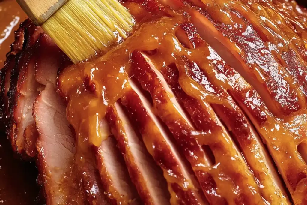 Honey Brown Sugar Ham Glaze: A close-up of a basting brush applying a thick honey brown sugar glaze to a scored ham, creating a caramelized, glossy finish.