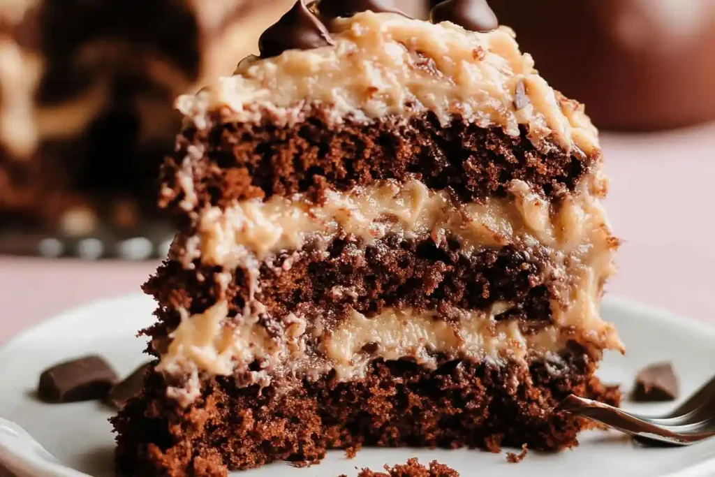 A close-up of a slice of German Chocolate Cake on a white plate, featuring moist chocolate layers filled with creamy coconut-pecan frosting and topped with chocolate chips.