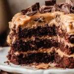 A close-up of a partially sliced German Chocolate Cake, showing dense chocolate layers with a glossy coconut-pecan frosting, topped with chopped chocolate pieces