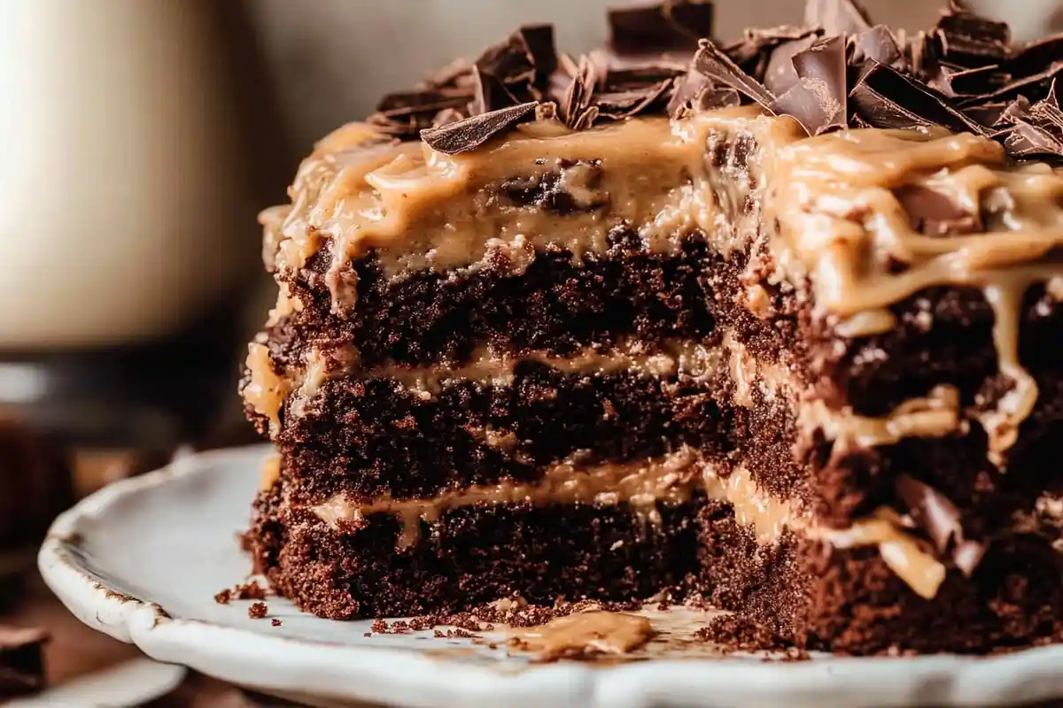 A close-up of a partially sliced German Chocolate Cake, showing dense chocolate layers with a glossy coconut-pecan frosting, topped with chopped chocolate pieces
