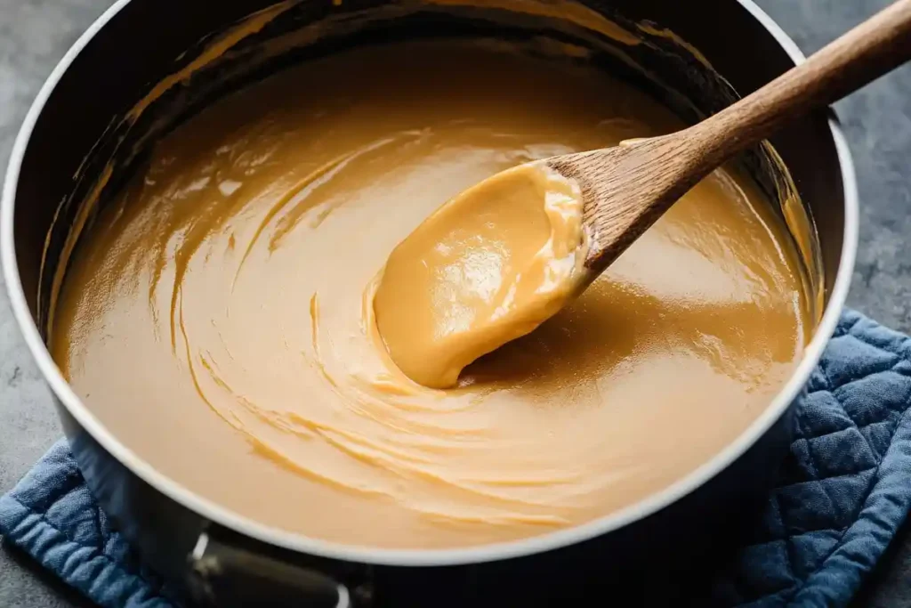A saucepan filled with silky, golden caramel-like frosting being stirred with a wooden spoon. The glossy texture of the frosting reflects soft natural light. The saucepan sits on a quilted blue pot holder over a dark moody countertop