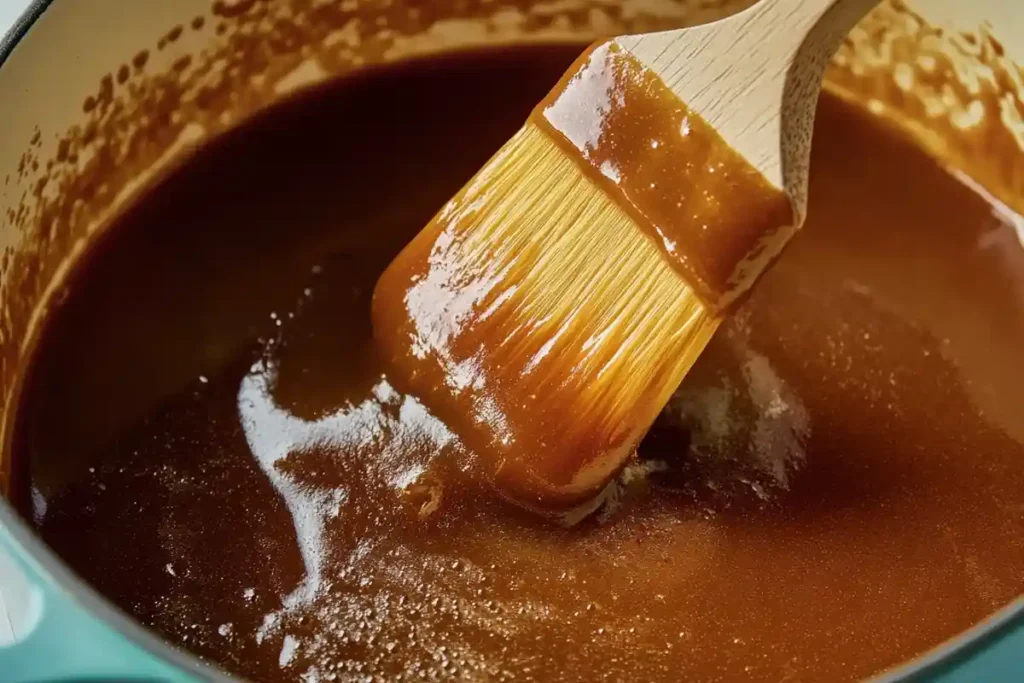  A thick, glossy honey brown sugar glaze being stirred in a saucepan with a wooden brush coated in the rich, caramelized sauce.