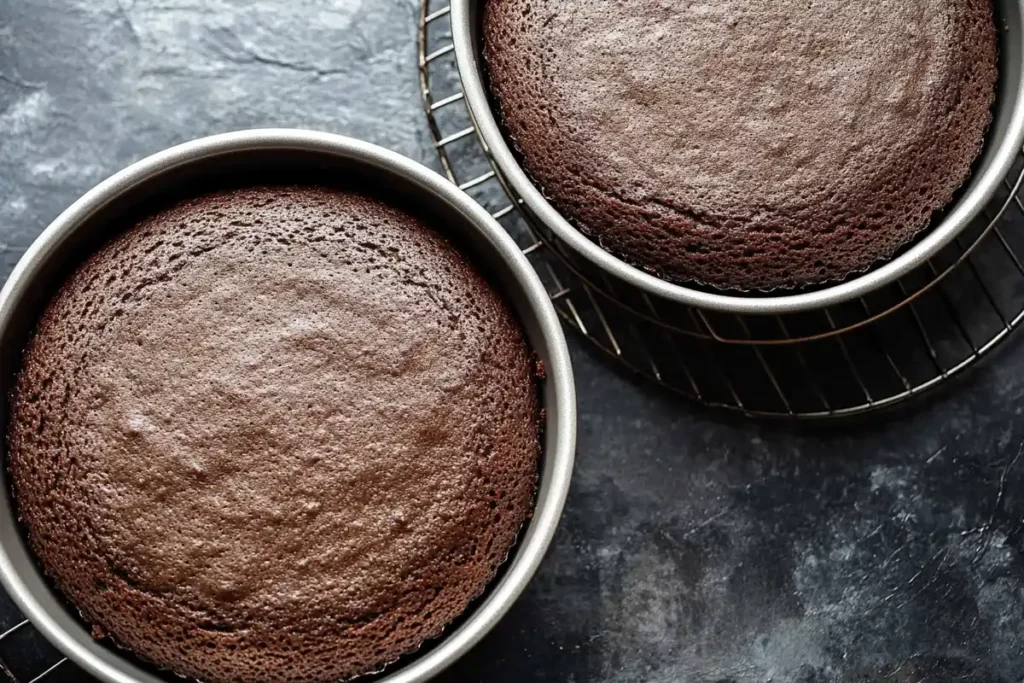 Two freshly baked chocolate cake layers in round metal pans, cooling on wire racks. The cakes have a rich, deep brown color with a smooth, slightly domed surface. The background features a dark moody countertop.