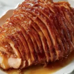 A beautifully glazed spiral ham with a golden-brown, caramelized crust, served on a white platter with glaze drizzled over the slic
