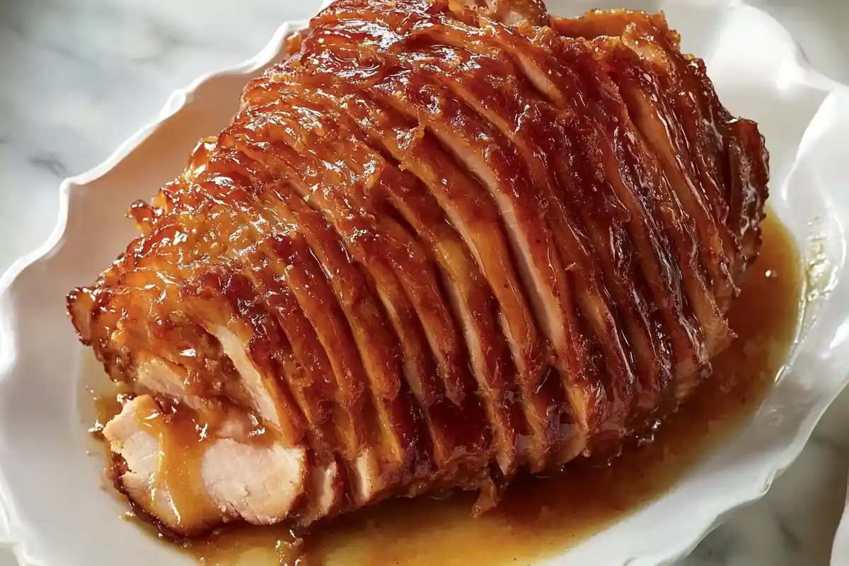 A beautifully glazed spiral ham with a golden-brown, caramelized crust, served on a white platter with glaze drizzled over the slic