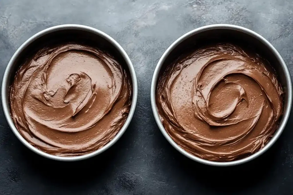 Two round cake pans filled with smooth, rich chocolate cake batter, evenly swirled for a perfect bake. The batter has a glossy sheen, and the pans rest on a dark moody countertop