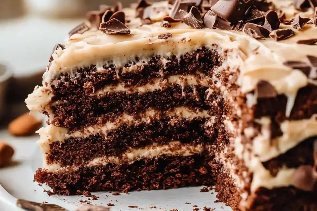 A four-layer German Chocolate Cake with chocolate sponge and creamy coconut-pecan frosting, topped with chocolate shavings, with a slice removed to reveal the rich, gooey filling