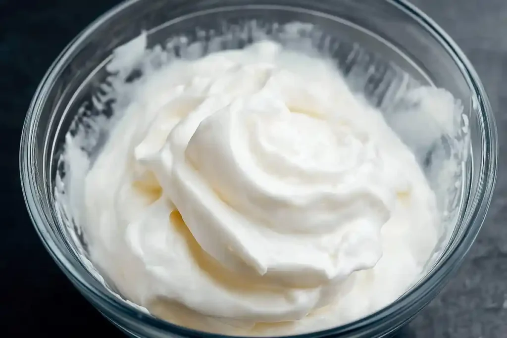 A clear glass bowl filled with stiff, glossy whipped egg whites, showing delicate swirls and peaks. The texture appears airy and smooth, and the bowl rests on a dark moody countertop