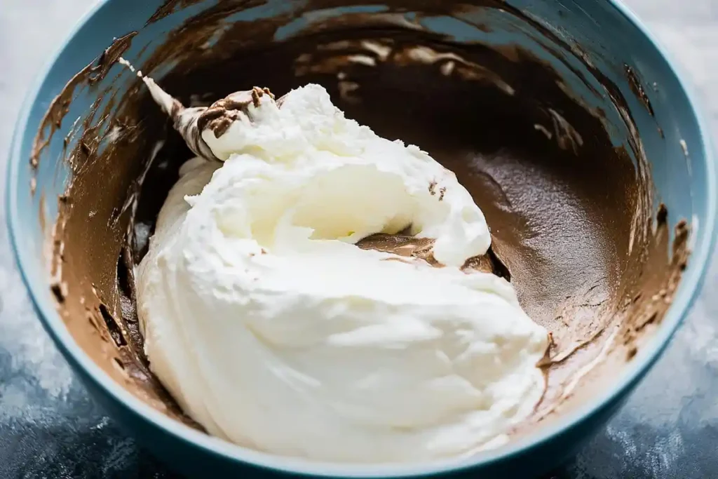A close-up of a blue mixing bowl with thick chocolate cake batter and a mound of freshly whipped egg whites being gently folded in with a spatula. The bowl has streaks of chocolate on the sides, and the background is a dark moody countertop