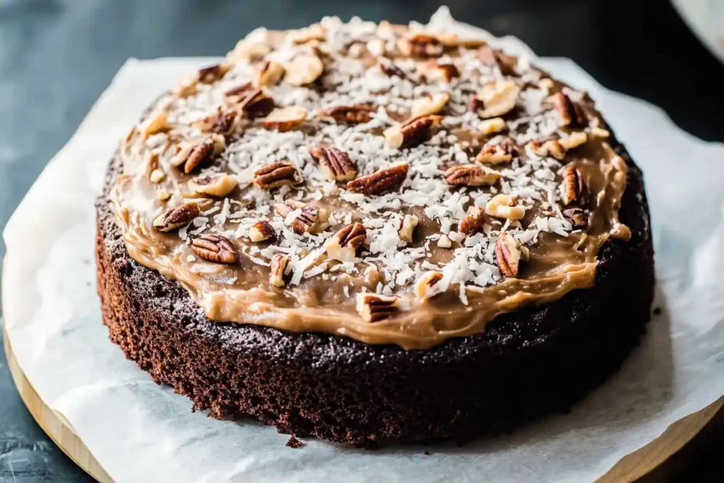 A single layer of moist German chocolate cake topped with a thick, glossy coconut-pecan frosting. The cake is garnished with shredded coconut and crunchy pecans, resting on parchment paper over a wooden cake board. The dark, rich cake contrasts beautifully with the caramel-colored frosting
