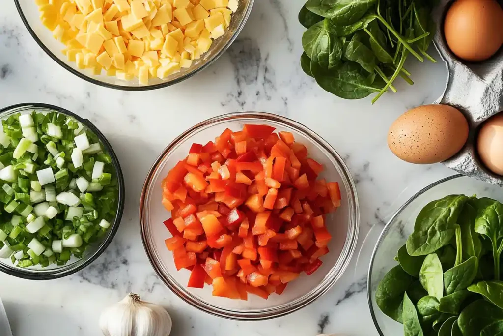 Bowls of chopped red bell peppers, green onions, spinach, and cubed cheddar on a marble counter with garlic and eggs in the background.