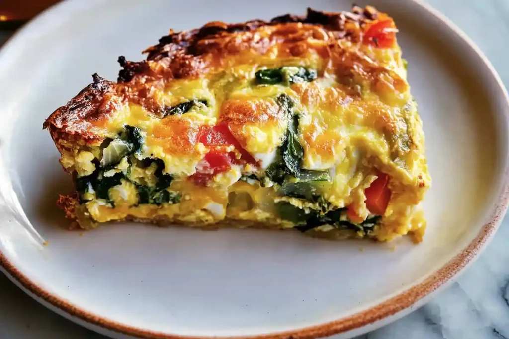 A close-up of a slice of Easter breakfast casserole on a white plate with golden crust, vibrant vegetables, and fluffy egg layers.