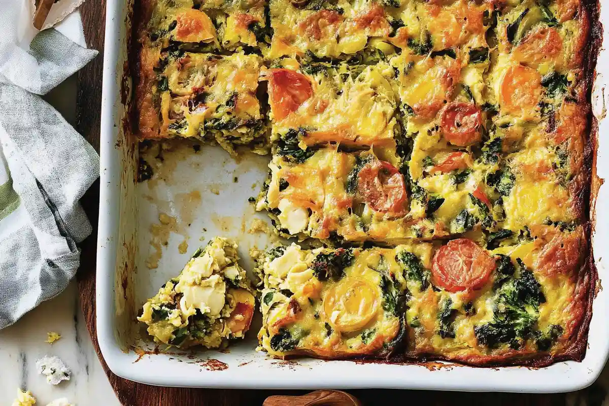 Baked Easter breakfast casserolein a white dish, sliced into squares with one corner piece removed, showcasing tomatoes, greens, and melted cheese.