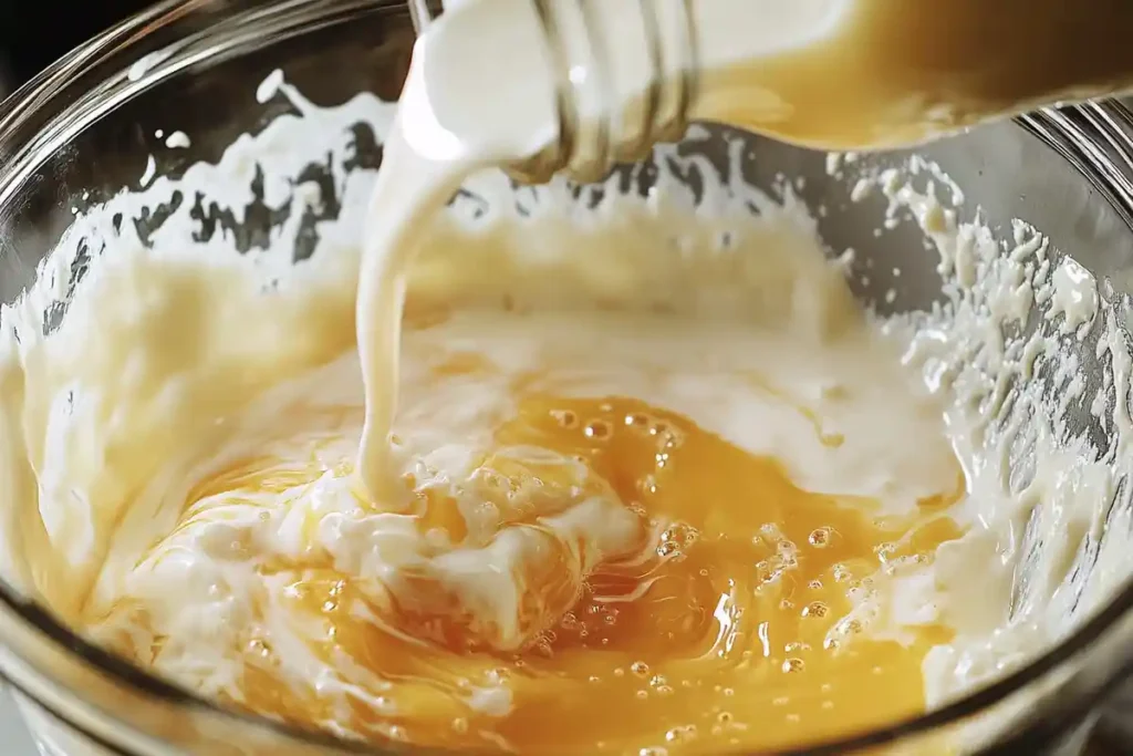 Close-up of milk being poured into a bowl of cracked eggs, creating a swirling mixture for a creamy egg base.
